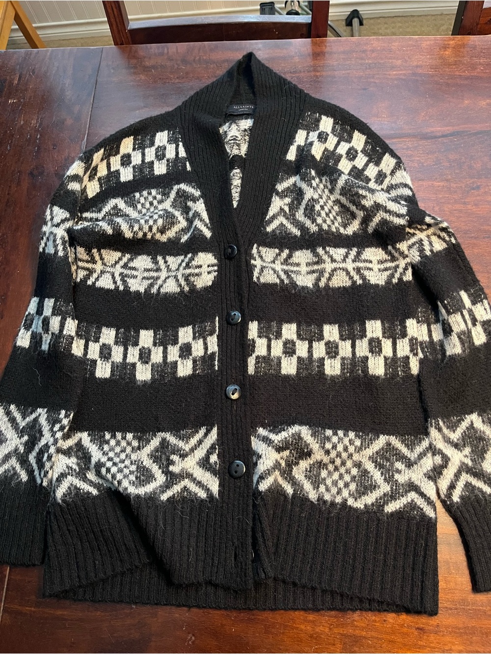AllSaints Black and Cream Patterned Shawl Collar Cardigan